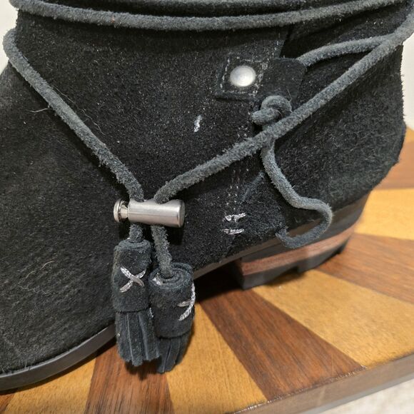 Sorel Black Leather Boots Womens 8.5 Farah Tassel Ties Ankle Booties Suede Boho - Picture 12 of 13